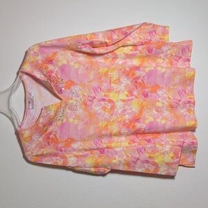 Quacker Factory Womens Shirt Pink Yellow Abstract Floral Rhinestone Plus Size 1X